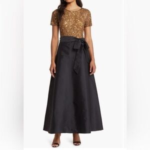 New ▶️ Pisarro Nights ◀️ Gold Sequin Beaded Bodice Taffeta Mixed Media Maxi Gown